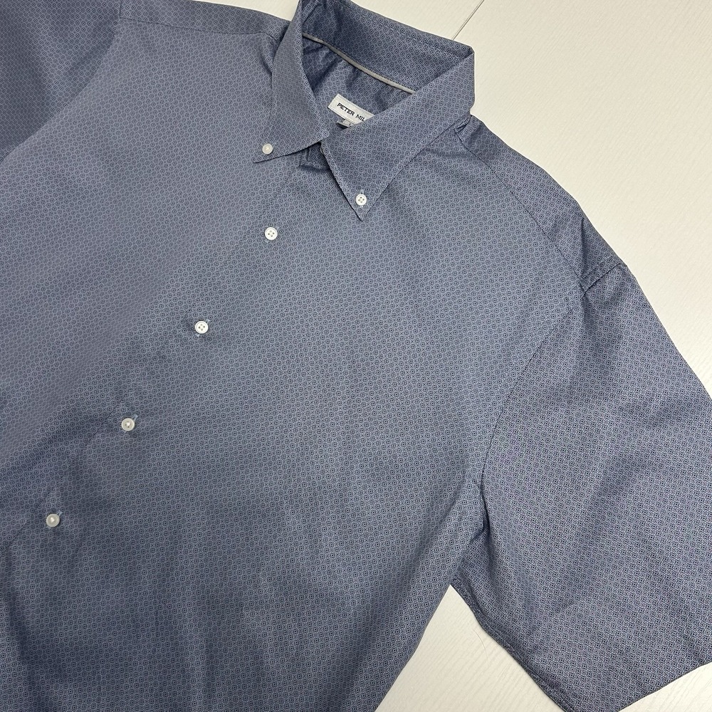 Peter Millar Mens Blue Blue Geometric Cotton Short Sleeve Button Down Shirt L